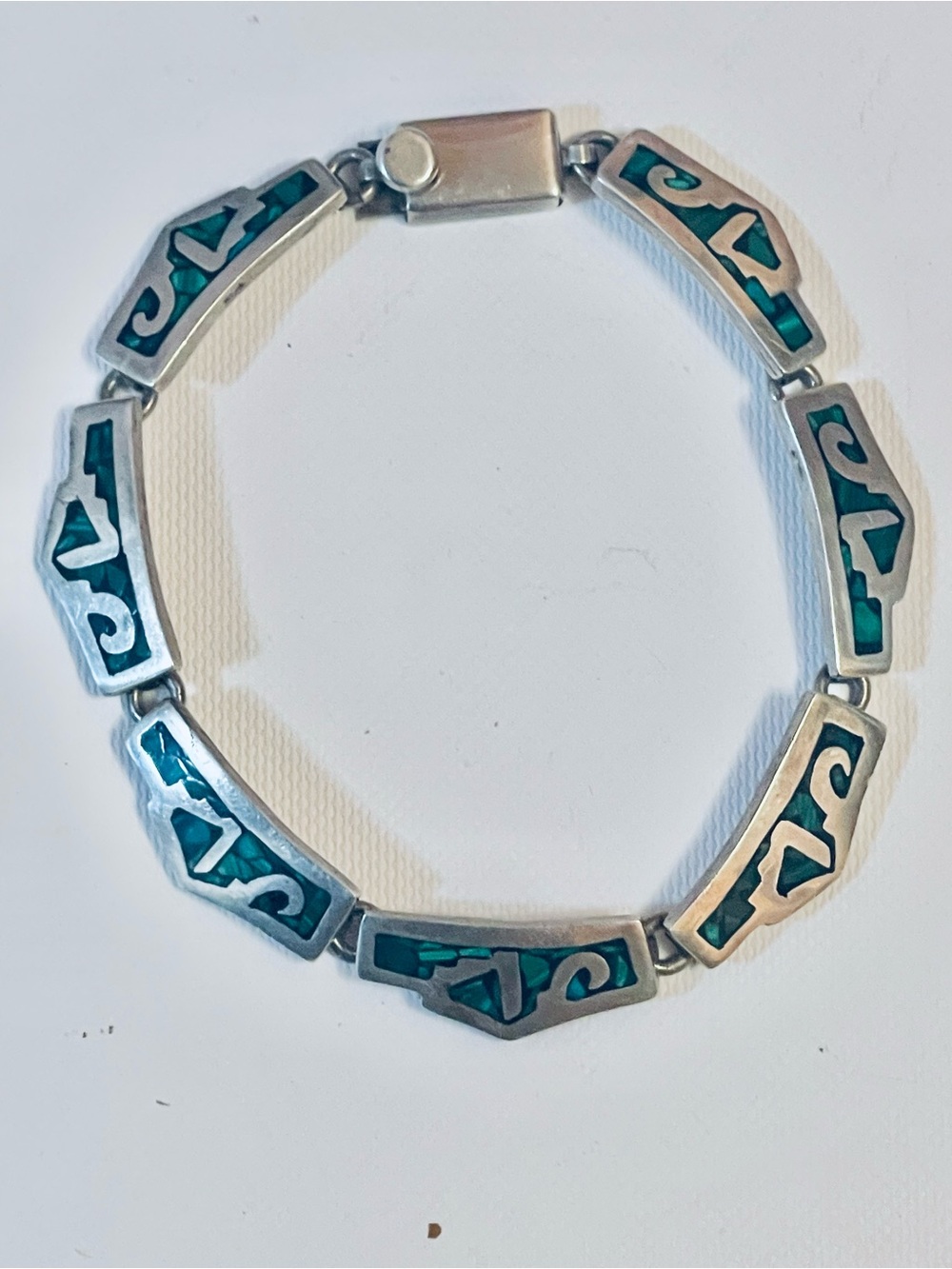 VTG Southwest Mexico Sterling Silver Malachite Chips Bracelet 27 G Sz 8"